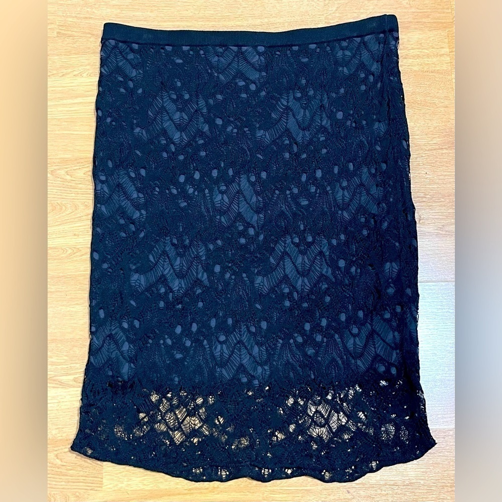 Eileen Fisher Black Lace Overlay Lined Stretch Skirt Size Large​​​​​​